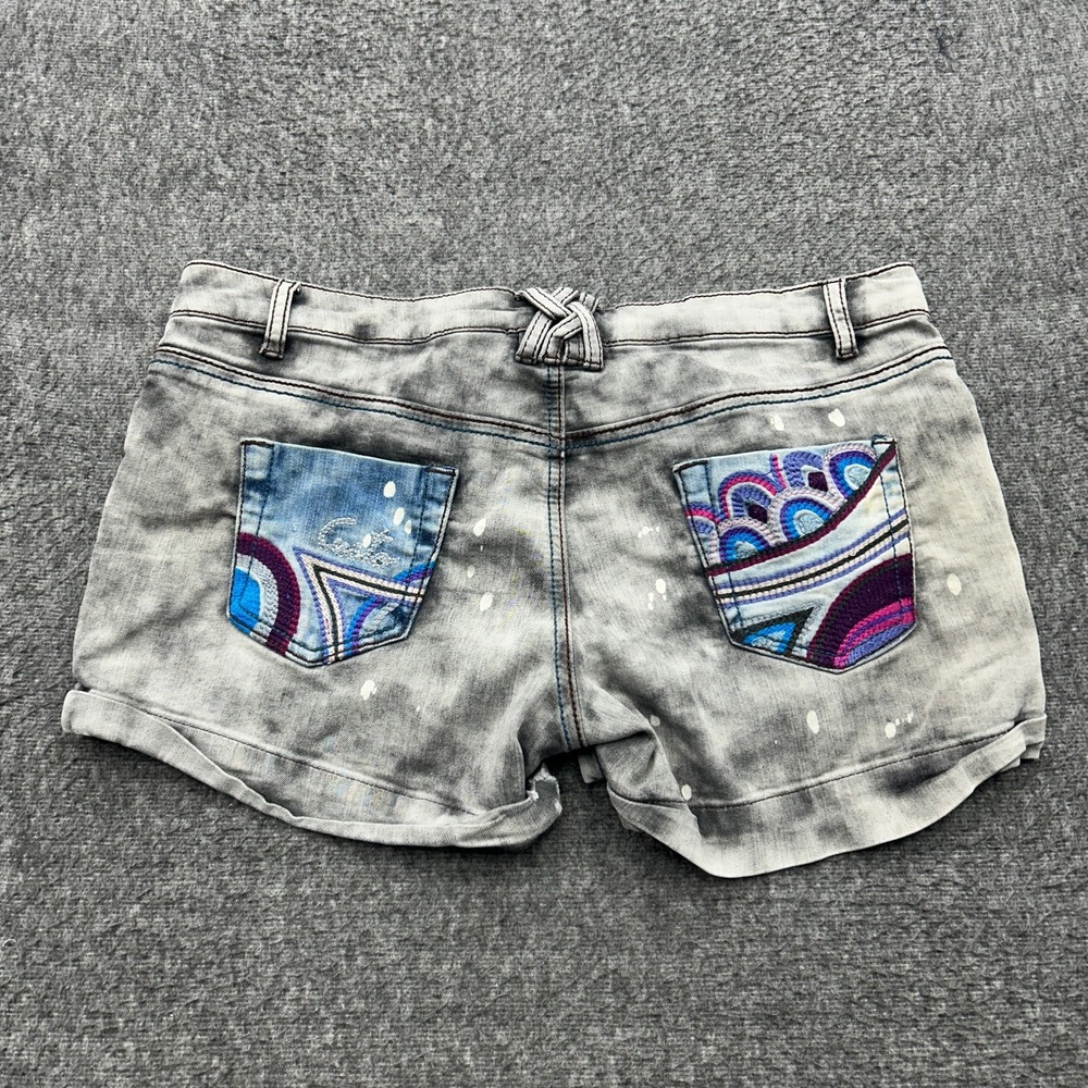 Custo Barcelona Denim Shorts Embroidered Distressed Gray Splatter Size 30 Boho
